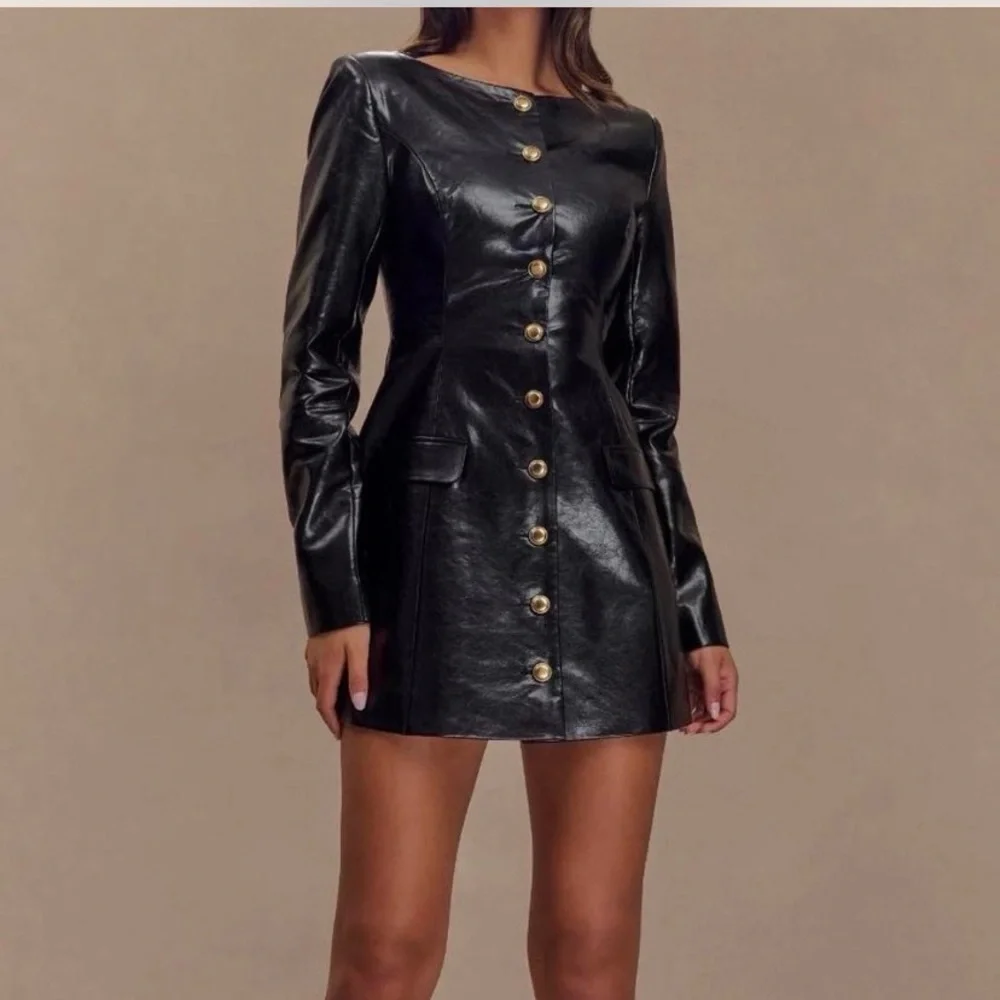 Meshki Black Leather Button-Up Women's dress - Picture 2 of 10